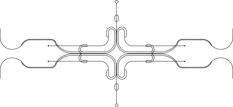 Microfluidic device vector layout, symmetrical lab-on-a-chip channel design, editable biomedical artwork, commercial-ready, print-ready, premium schematic