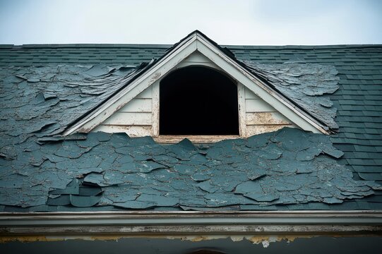 Weathered dormer with peeling green roof shingles and open dark window conveying decay and neglect
