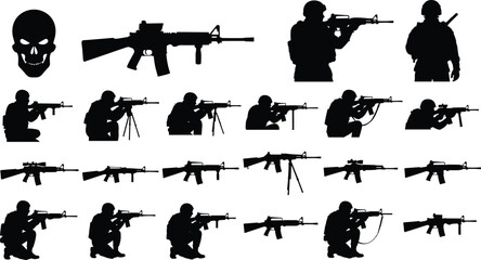 Military silhouette icon set with 20 black figures, rifles, skull, and tactical shooting poses © VecktorWorld
