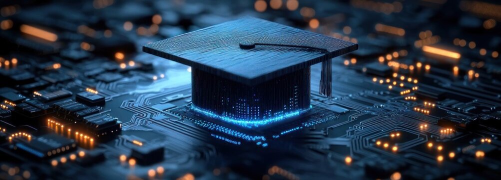 futuristic glowing graduation cap resting on an illuminated microchip and detailed circuit board, evoking innovation, achievement, and inspiring digital learning