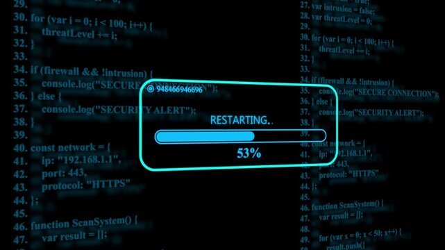 Digital system restart progress bar with blue programming code background, coding software development
