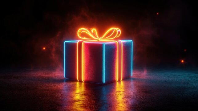 Glowing neon gift box with radiant bow on wet reflective floor, vivid blue and orange edges, smoky dark background and ember sparks evoking anticipation and wonder