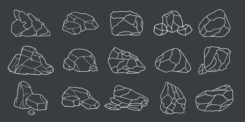 Chiseled rock and boulder geometric outline collection. Fifteen rugged mineral stone formations, crystals, and sharp cliff fragments drawn with crisp white lines, isolated on a dark gray background © freaky