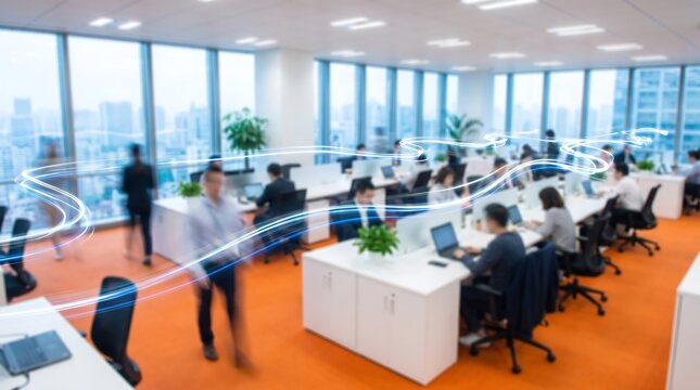 Busy corporate open office landscape with motion blur of staff members and abstract glowing data streams representing digital transformation and connectivity