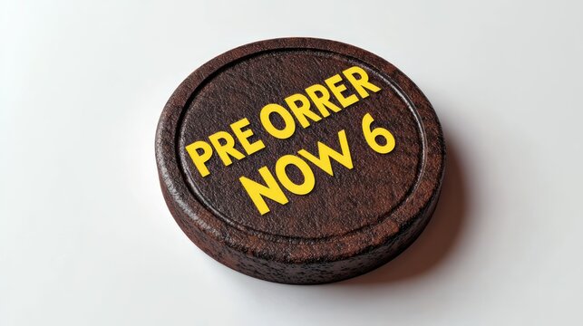 round textured chocolate disc on white surface with bold yellow promotional text reading PRE ORRER NOW 6, playful urgent mood