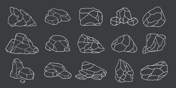 Chiseled rock and boulder geometric outline collection. Fifteen rugged mineral stone formations, crystals, and sharp cliff fragments drawn with crisp white lines, isolated on a dark gray background