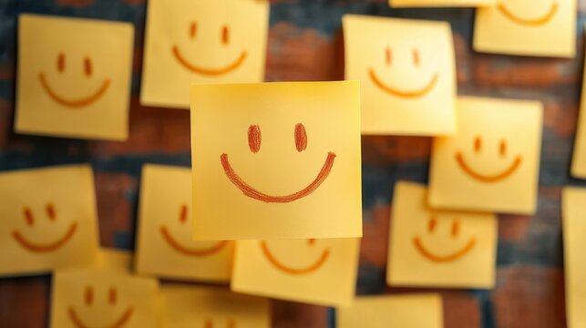cluster of yellow adhesive notes covered in hand-drawn smiley faces on a blurred brick wall, a central note in sharp focus conveying cheerful optimism and playful positivity