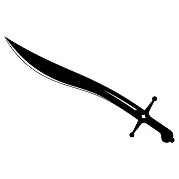 Sharp curved scimitar blade with detailed hilt and handle design isolated as a black silhouette icon on white background