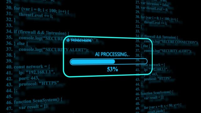 Ai processing progress bar over digital programming code background, cyber security and data analysis technology concept