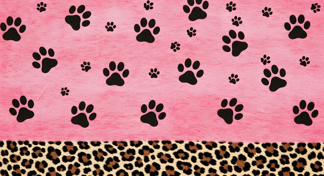 Pink Background Featuring Black Paw Prints and Leopard Print Border Pattern for Pet Lovers and Stylish Decorative Designs