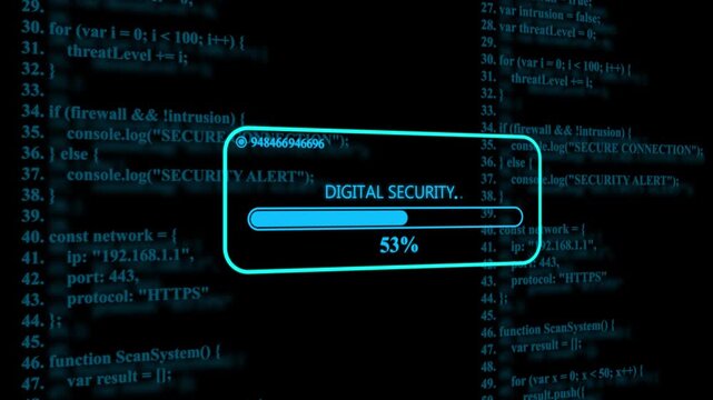 Digital security loading bar with scrolling programming code background, for cybersecurity and, data protection concepts