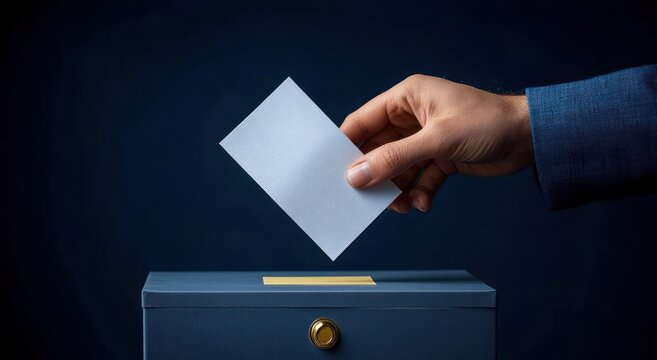 hand in suit inserting a ballot into a locked blue ballot box on dark background, solemn civic duty and focused voting moment