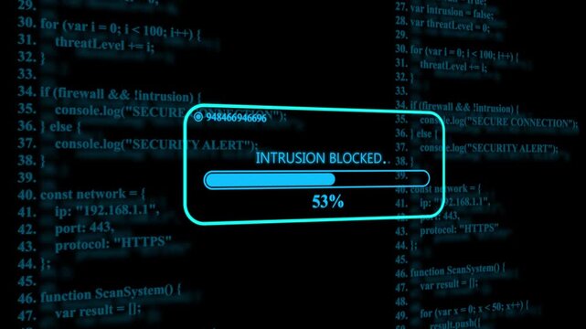 Cybersecurity intrusion blocked progress bar over digital source code background, data protection firewall