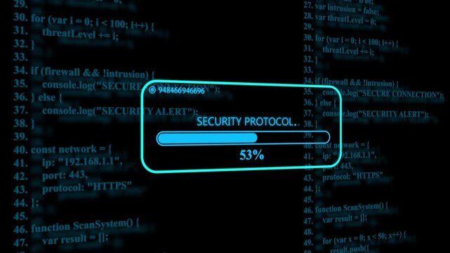 Cyber security protocol loading screen with digital programming code background, data encryption software development