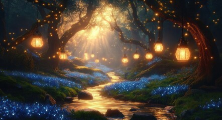 Fototapeta premium enchanted woodland stream with hanging lanterns, twinkling lights and a carpet of blue flowers bathed in golden sunbeams, evoking a tranquil, magical wonder