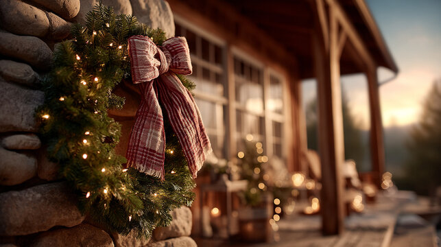 Christmas festive holiday wreath with golden fairy lights on rustic log cabin exterior wall