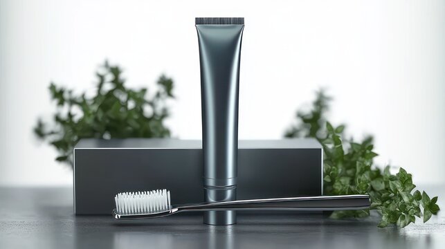 Sleek metallic toothpaste tube and modern toothbrush resting on a rectangular box with green leafy sprigs on a reflective surface conveying fresh minimalist cleanliness