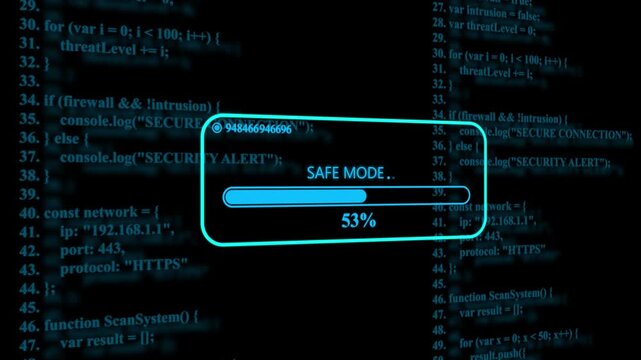 Digital safe mode loading bar over abstract programming code background, progress bar coding