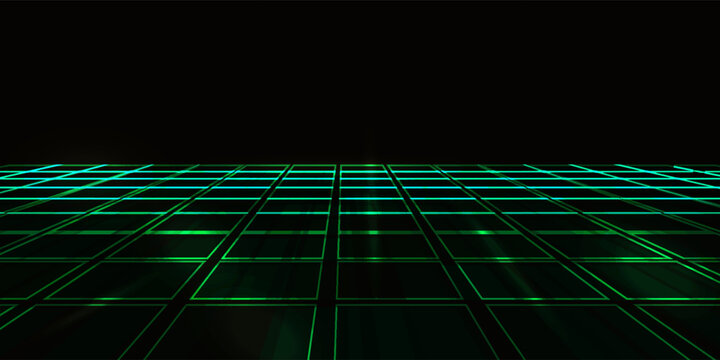 Futuristic neon wireframe tunnel with glowing grid lines and digital perspective, 3D abstract technology background, dark cyber aesthetic, high tec, premium commercial stock image featuring mode siyam
