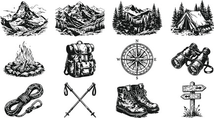 Vintage outdoor adventure icons with mountains tent campfire backpack compass binoculars rope poles boots and signpost in a sketch style © Mahi Fattah