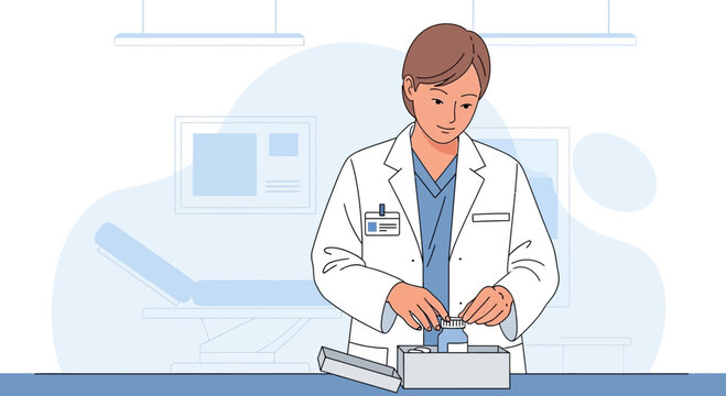 Doctor in lab coat preparing medical test kit in clinic, illustration