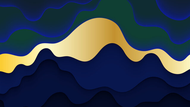 Luxury Dark Blue and Gold Abstract Wavy Background with Papercut Layers