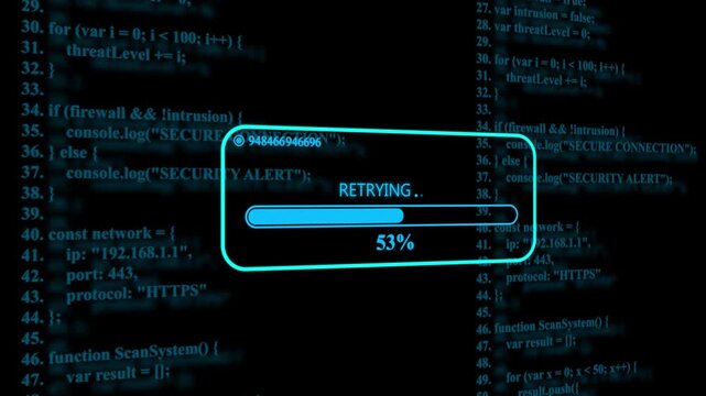 Cyber security data loading screen with progress bar and encrypted programming code background, software development