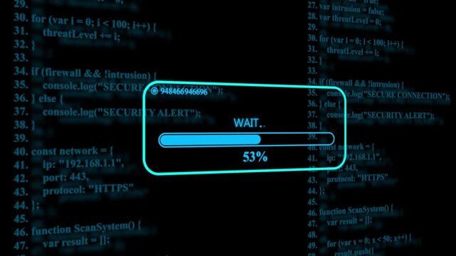 Digital loading progress bar over abstract cyber security source code background, software programming
