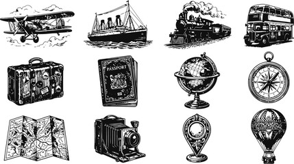 Vintage travel icons with a biplane steamship train and bus in a retro graphic style for exploration themes © Mahi Fattah