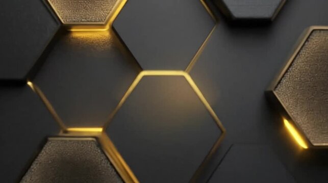 Abstract geometric hexagon pattern with metallic gold accents and dark background