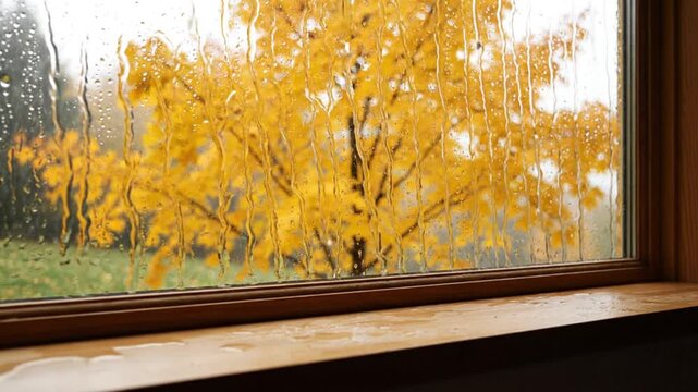 Rain streaks on window glass with yellow autumn tree outside