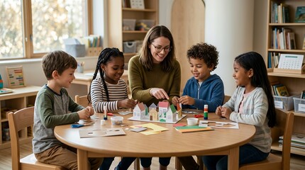 Obraz premium A smiling female teacher helps four diverse young children with a paper house craft project at a round wooden table in a bright classroom.