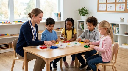 Fototapeta premium A smiling female teacher guides four diverse young children in a classroom activity, sorting colorful objects at a wooden table, fostering early learning and development.