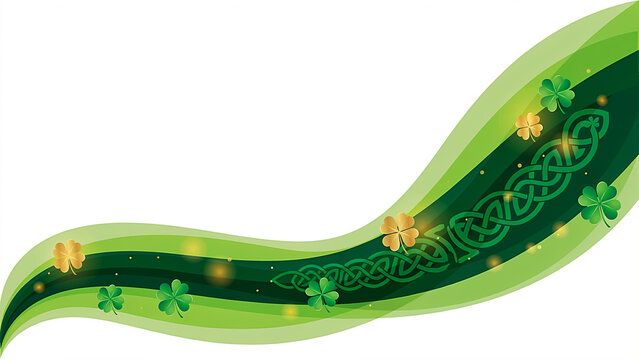 Green wavy Celtic knot banner with shamrocks and golden sparkles for Saint Patrick's Day celebration design