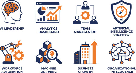 Fototapeta premium Artificial Intelligence Business Leadership Icon Set – AI Analytics Dashboard, Machine Learning, Workforce Automation and Smart Organization Flat Vector Icons