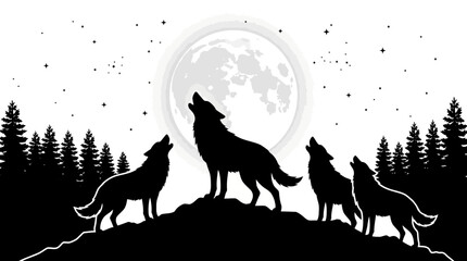 Obraz premium Forest Animals Wolves with pine trees forest Silhouette - black silhouette of wolf howling at the moon, standing on a grassy hill with pine trees in the background