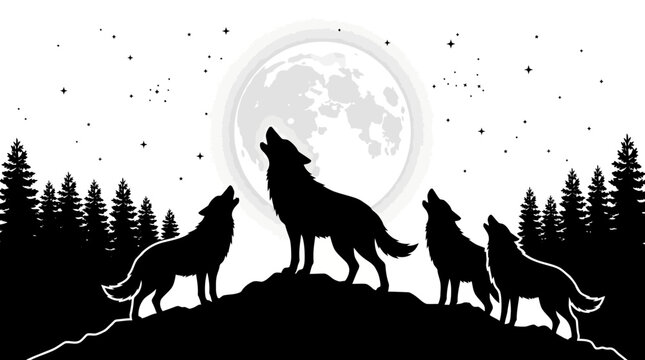 Forest Animals Wolves with pine trees forest Silhouette - black silhouette of  wolf howling at the moon, standing on a grassy hill with pine trees in the background