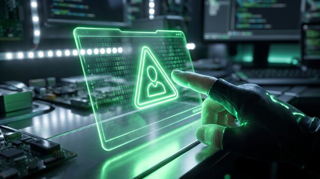 Tactical gloved hand touching digital security interface with warning icon and binary code stream for advanced cyber threat protection and data monitoring