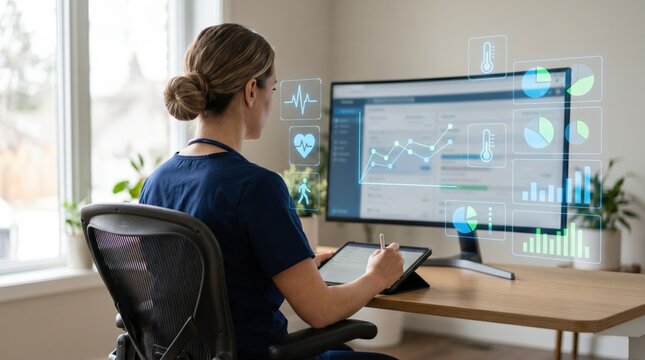 Female nurse analyzing patient health data and medical statistics on computer screen with holographic charts