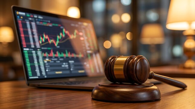 Wooden gavel and laptop displaying stock market charts on wooden table in office with blurred background symbolizing financial law justice and trading regulation online courtroom justice.