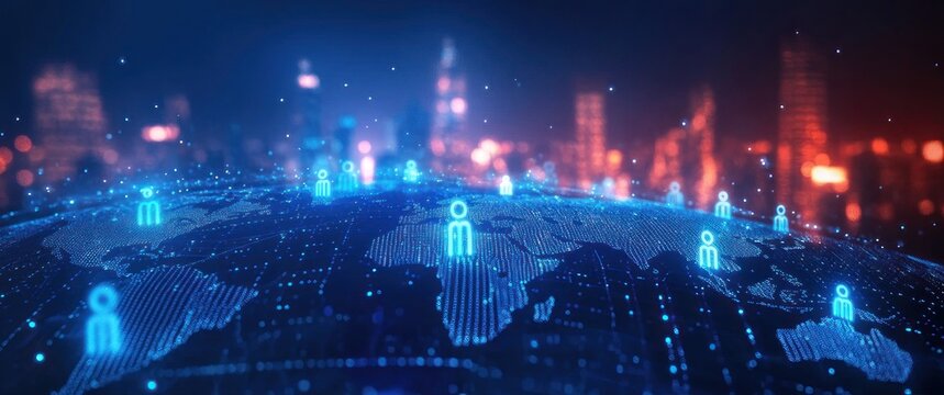 Glowing digital globe with illuminated network nodes and human icons over a dotted world map against a blurred neon city skyline, conveying global connectivity and futuristic energy