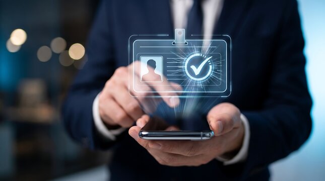 Close up of businessman hand touching holographic identity card verification icon on smartphone for secure user authentication and digital access control in office environment