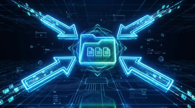 Futuristic digital folder icon with multiple document symbols being transferred into a central repository via glowing blue directional arrows representing cloud data management