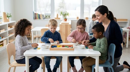 Obraz premium A diverse group of young children and their teacher engaged in a learning activity at a table in a bright classroom.
