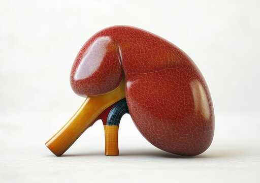 glossy crackle-glazed red kidney-shaped sculpture with two short yellow tubular supports on white surface, surreal and playful curiosity