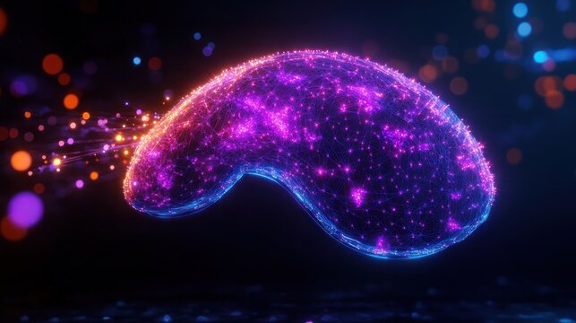 Ethereal glowing purple mesh organoid with interconnected nodes and streaming particle trails floating above a reflective dark surface, futuristic and mysterious mood