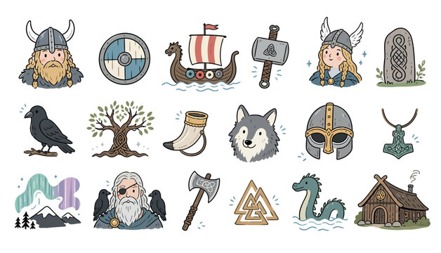 Viking Norse Mythology Symbols Icons.