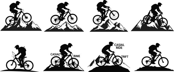 Mountain biking silhouettes, downhill, uphill, drifting, casual riding, extreme cycling sports, outdoor adventure, mountain bike, vector illustration © VecktorWorld