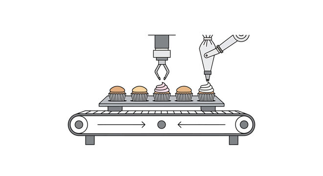 Automated conveyor belt system decorating cupcakes with robotic arms in a food factory illustration.