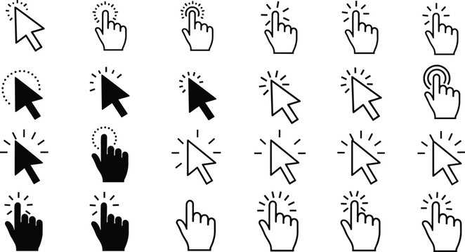 Mouse cursor and hand click icons set, computer pointer symbols, web navigation elements, user interface design vector